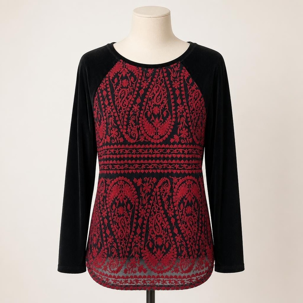 Sundance Black Velvet Red Embroidered Paisley Long Sleeve Top Boho Women's S